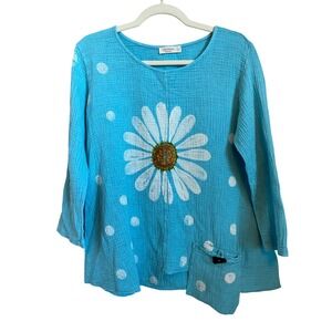 Jess & Jane Blue Cotton Gauze Daisy Polka Dot Asymmetrical Top M108-000 Small